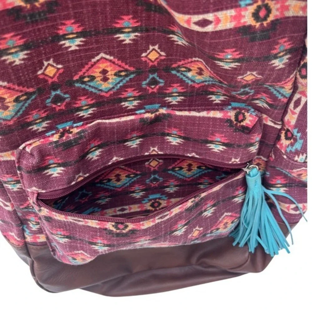 Southwestern Canvas Backpack Burgundy Brown Boho Multiple Pockets‎ Medium
